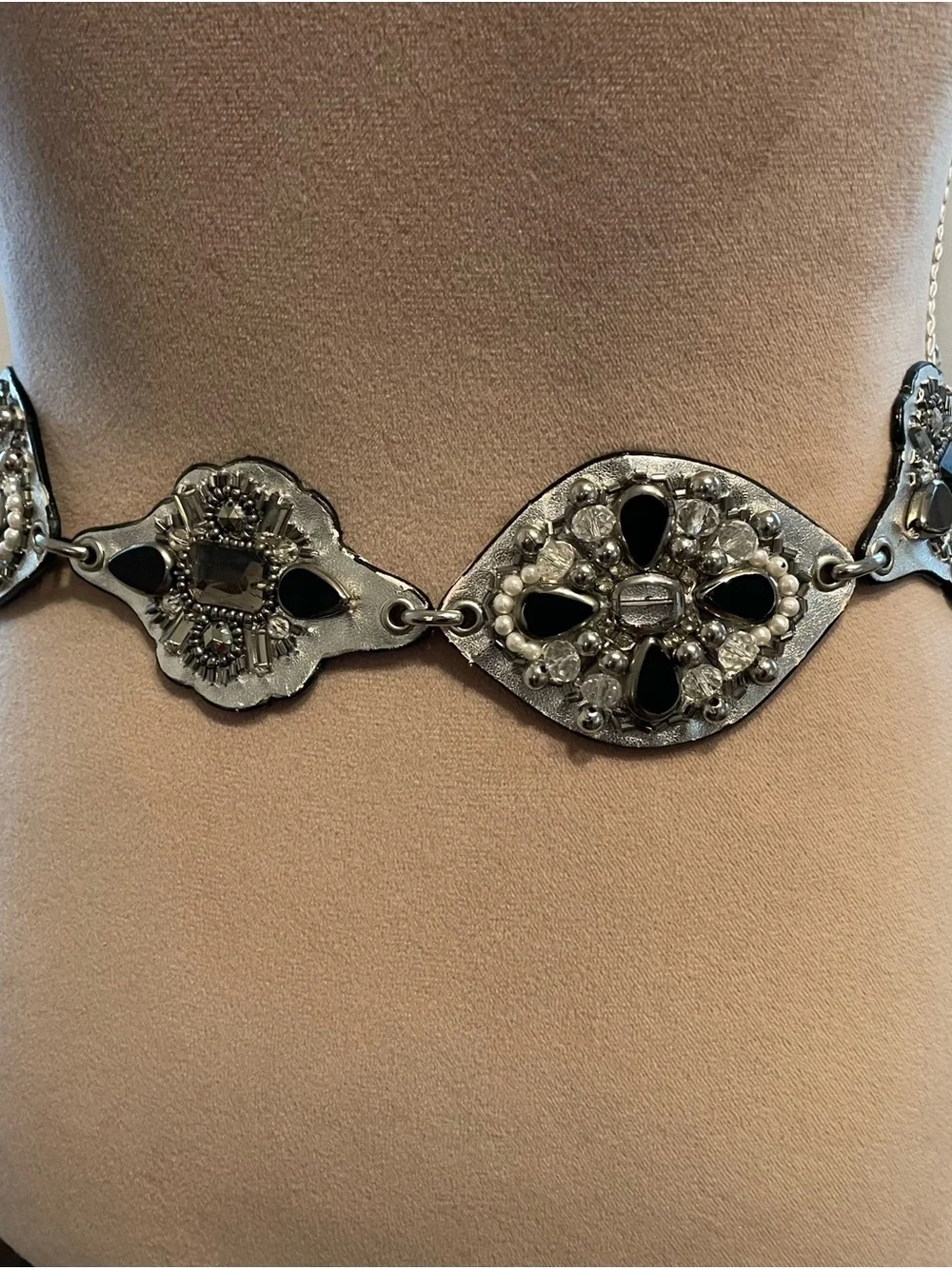 Chico's Silver-Tone Belt with Black Stones & Pearl Accents